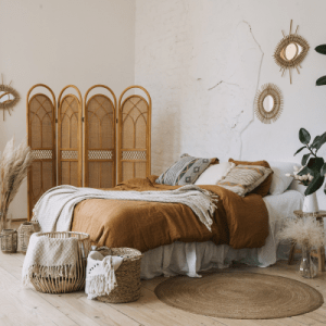 Boho bedroom with bohemian room divider