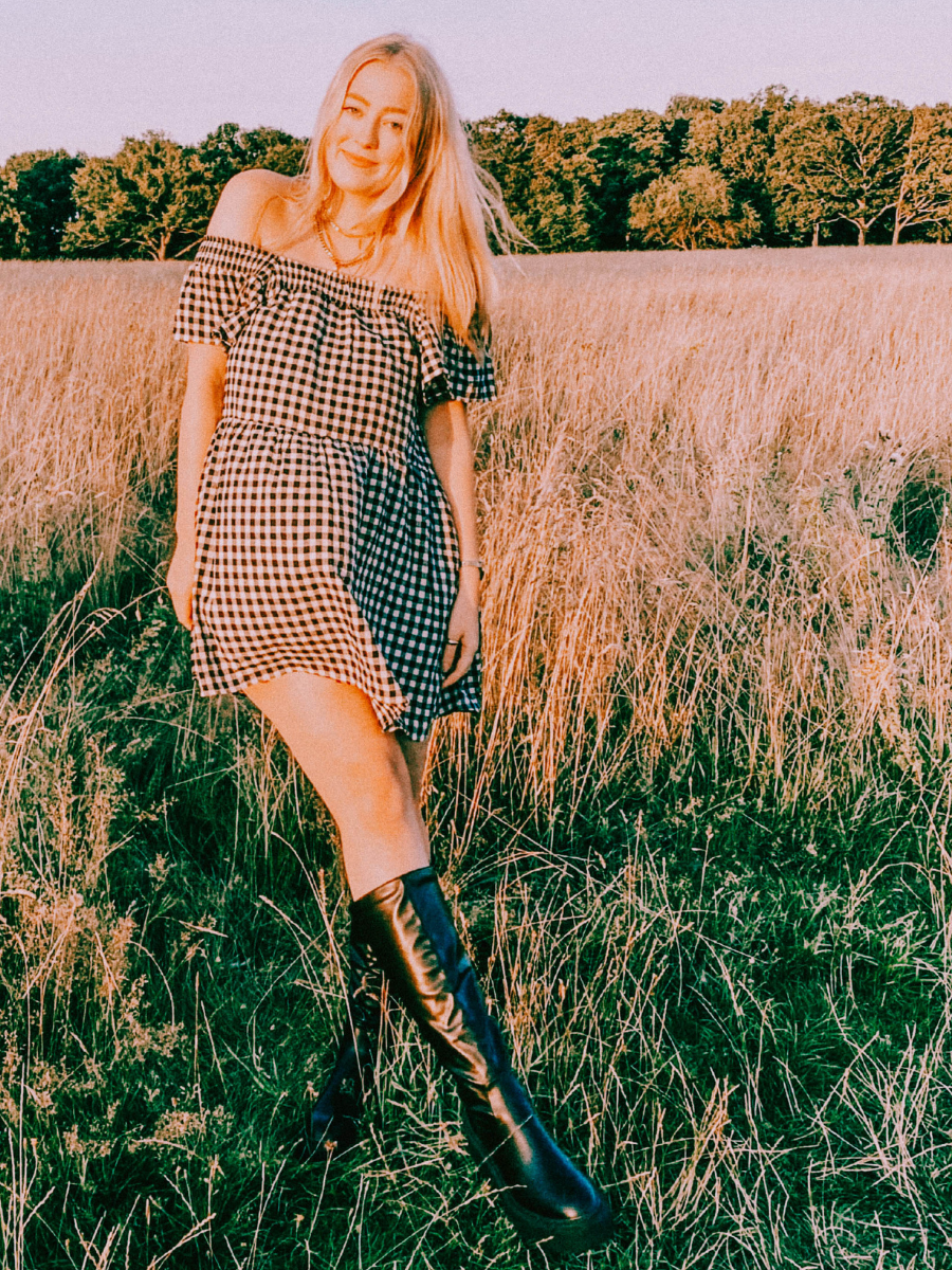 Lotten Sheppard in the Gingham Plaid Mini Dress & Boots