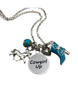 Cowgirl Necklace Rhinestone Turquoise Boot Silver Western Jewelry