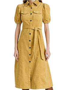 Corduroy puff sleeve tie-belt yellow Linsley dress - ShopBop Boho Fashion