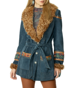 Blue suede and leather jacket beaded embellished - DoubeDRanch