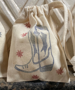 Muddy Cowboy Boots. Hand-printed western pattern on natural cotton drawstring bag | Pouch | Coin purse | goodybag