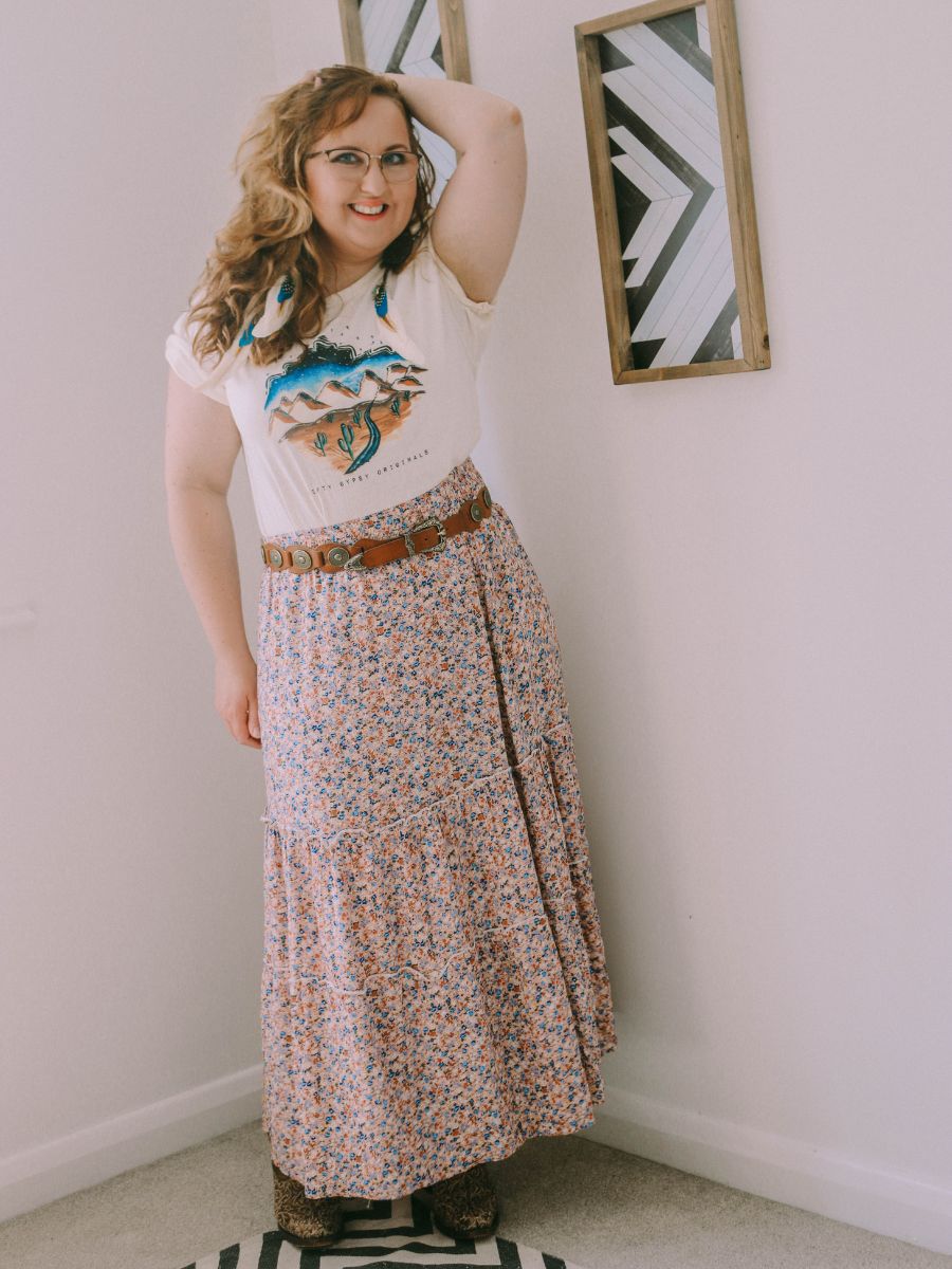 Boho cowgirl outfit maxi skirt and graphic tee with ladies' cowboy boots