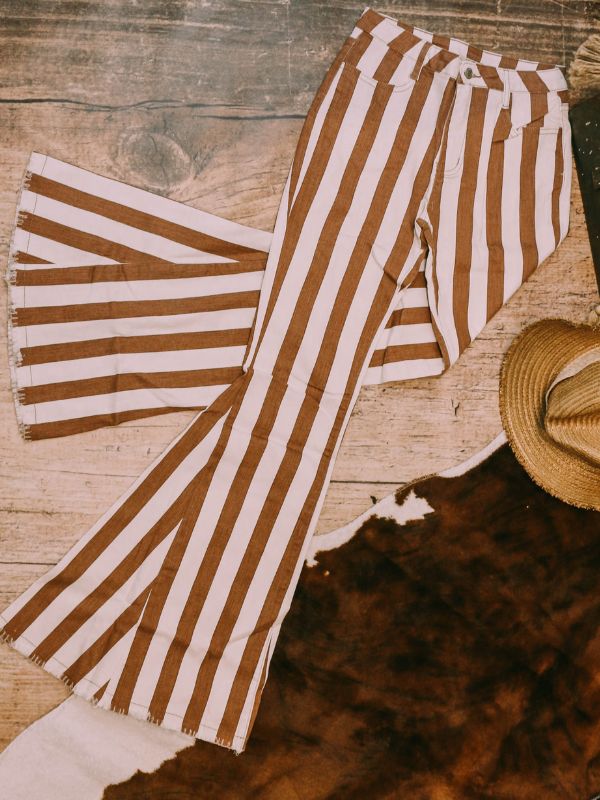 Striped denim flares brown and white