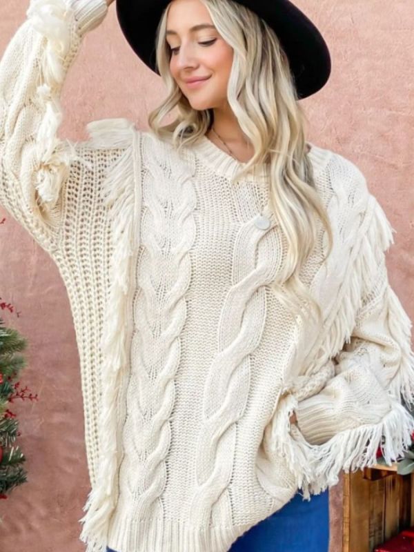 Cable knit fringe jumper in off-white