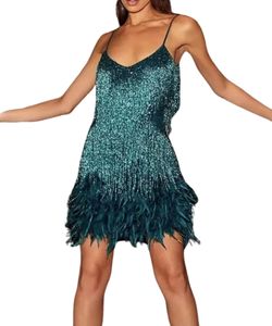 Feather tassel sequins green party mini dress