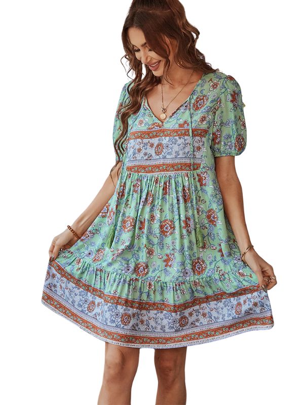 Women Summer Short Sleeve Floral Pattern Mini Dress