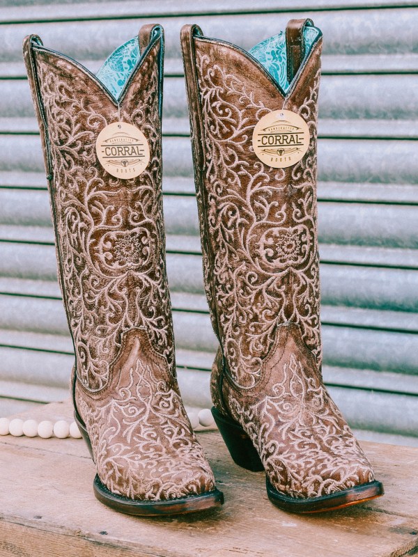 Brown Full Floral Embroidery Cowboy Boots