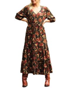 boho-autumn-black-and-red-flowers-casual-midi-dress-etsy