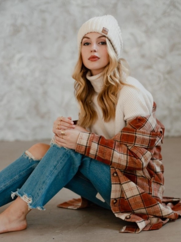 Cream and brown plaid long flannel shacket