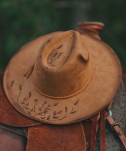 Wide Brim Hat with Pyrography Burned Floral and Wheatgrass Design