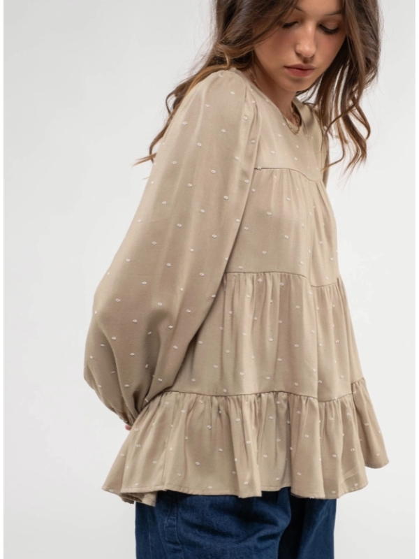 Tiered olive dotted loose fit top