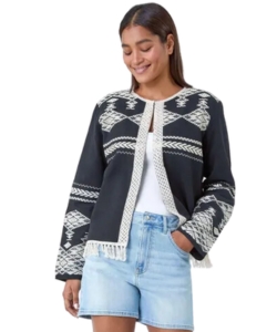 Cotton Blend Aztec Fringe Detail Jacket