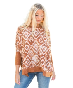 White Printed Aztec Print Bishop Sleeve Ribbed Trim Blouse