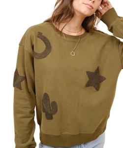 Olive green textured western patch sweatshirt