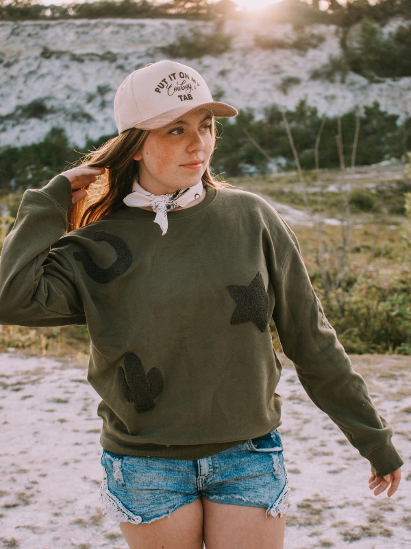 Olive green western patch sweatshirt