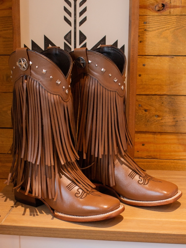 Brown leather fringe cowboy boots