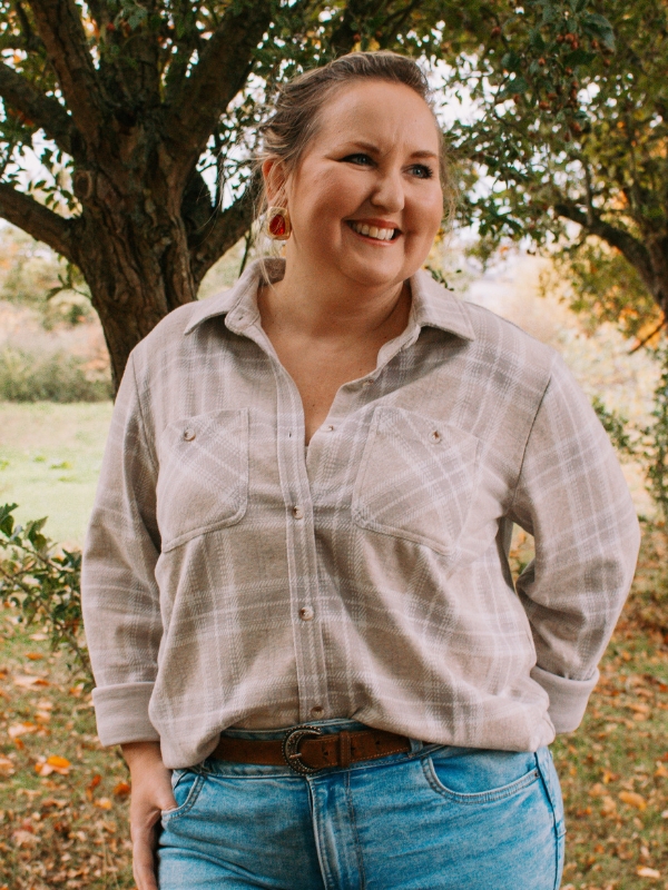 Melbelle women's plaid flannel shirt on Melanie Fielden