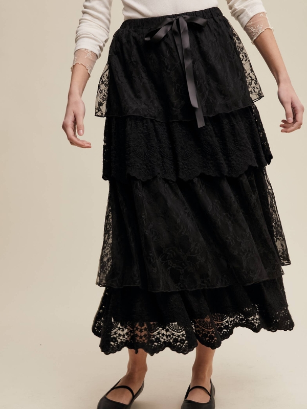 Black lace tiered maxi skirt