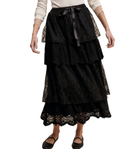 Black lace tiered maxi skirt with bow