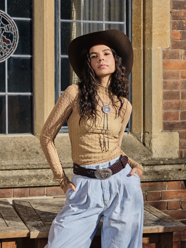 Tan textured lace mesh layering top