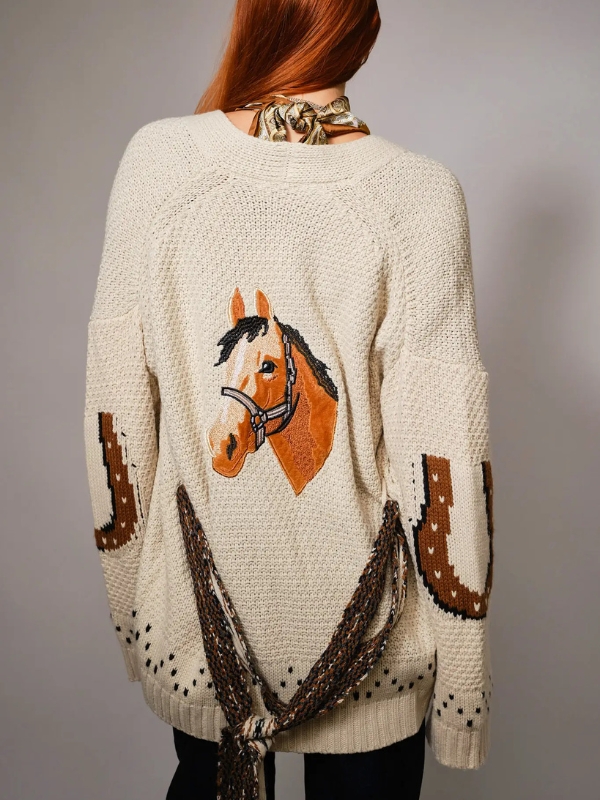 Western horse belted knit cardigan