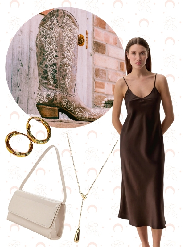 Embroidered cowboy boots with a neutral slip dress