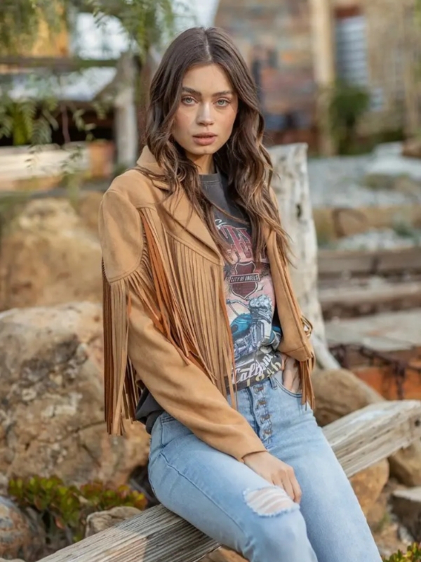 Tan faux suede fringe jacket