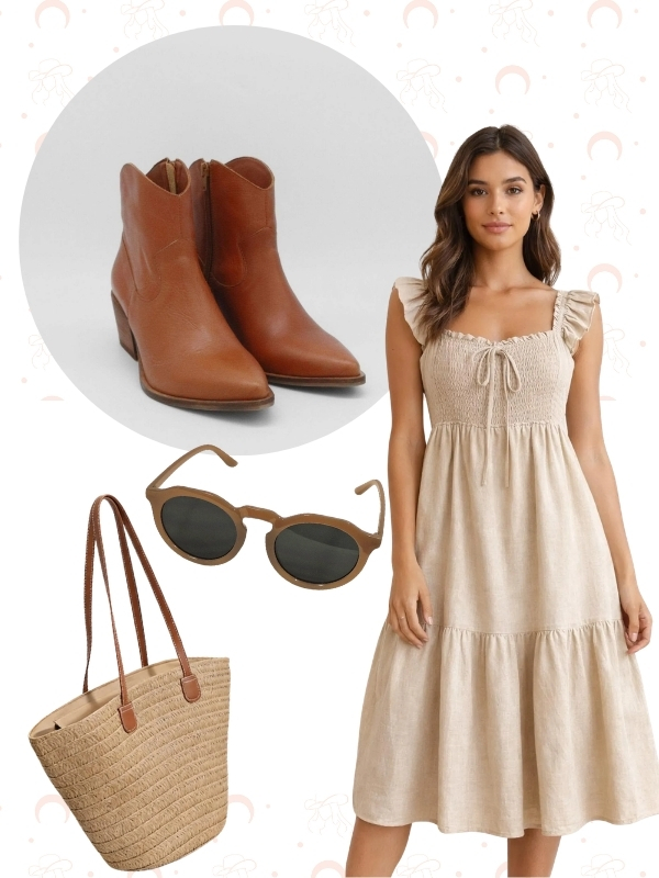 Tan ankle cowboy boots with a linen dress