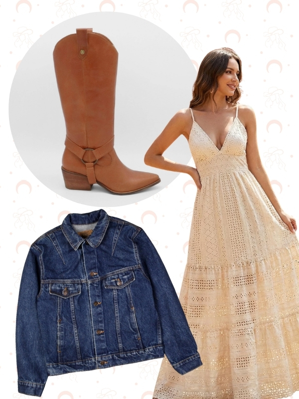 Tan cowboy boots with boho cream maxi dress