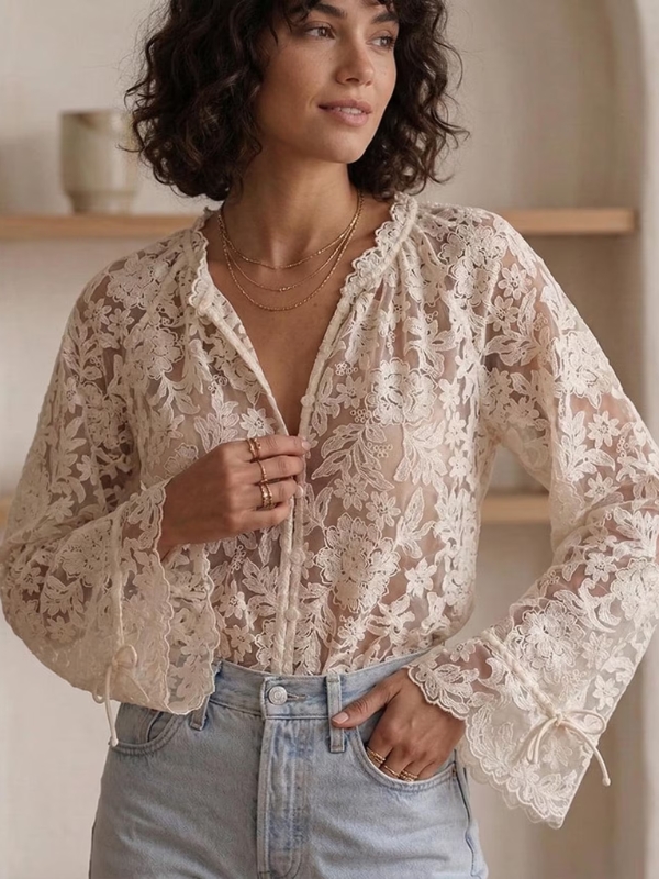 Vintage floral lace sheer blouse