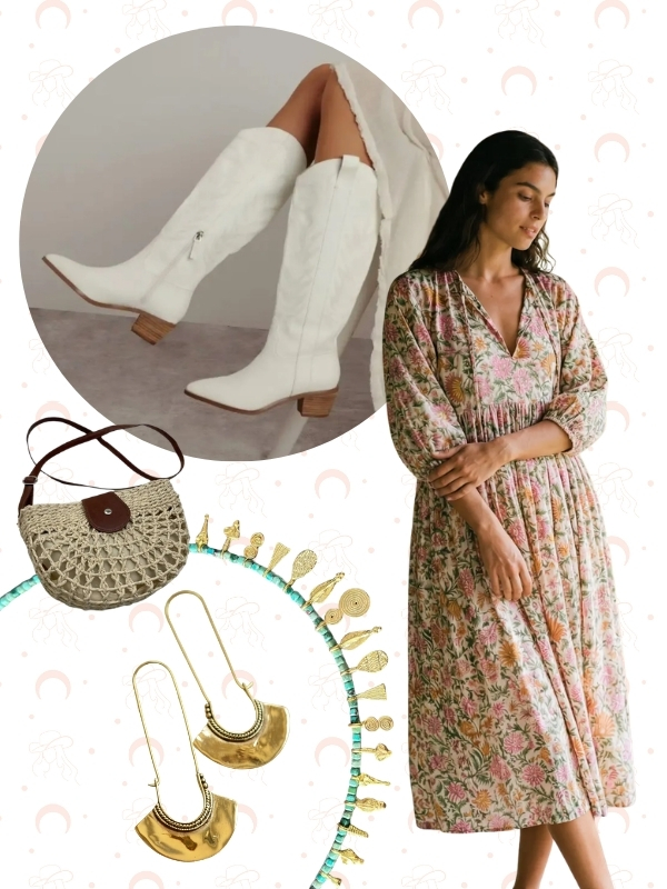 White cowboy boots and a floral boho midi dress