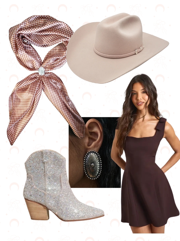 Cute & Flirty Country Concert Outfit: Pink Cowboy Hat, Mini Dress & Rhinestone Boots