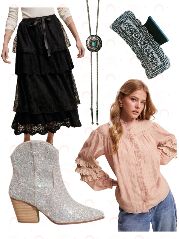 Girly Country Concert Outfit: Lace Blouse, Maxi Skirt & Rhinestone Cowboy Boots