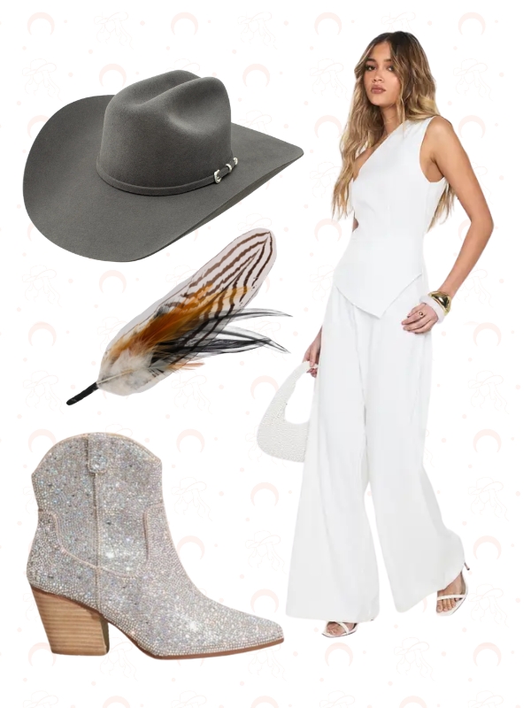 Modern Cowgirl Concert Outfit: Rhinestone Boots, Suede Hat & Feather Accessory