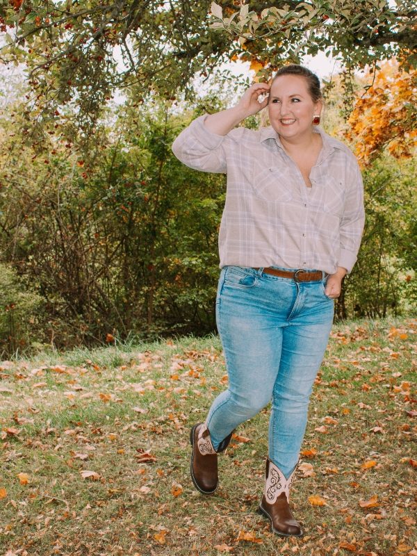 Melanie Fielden from Melbelle wearing plaid shirt for autumn 2025